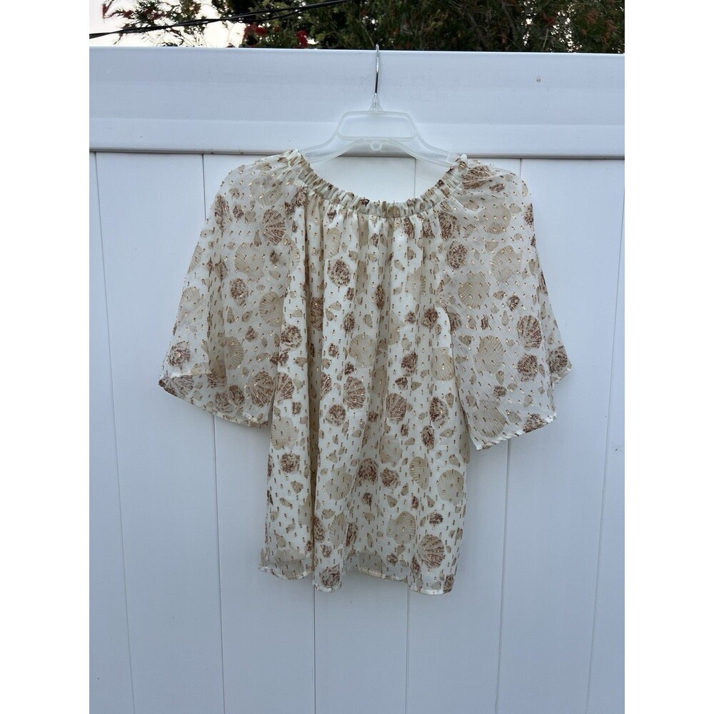 LOFT Blouse Womens Medium Short Sleeve Top Boho Chiffon Sea Shells Lined
